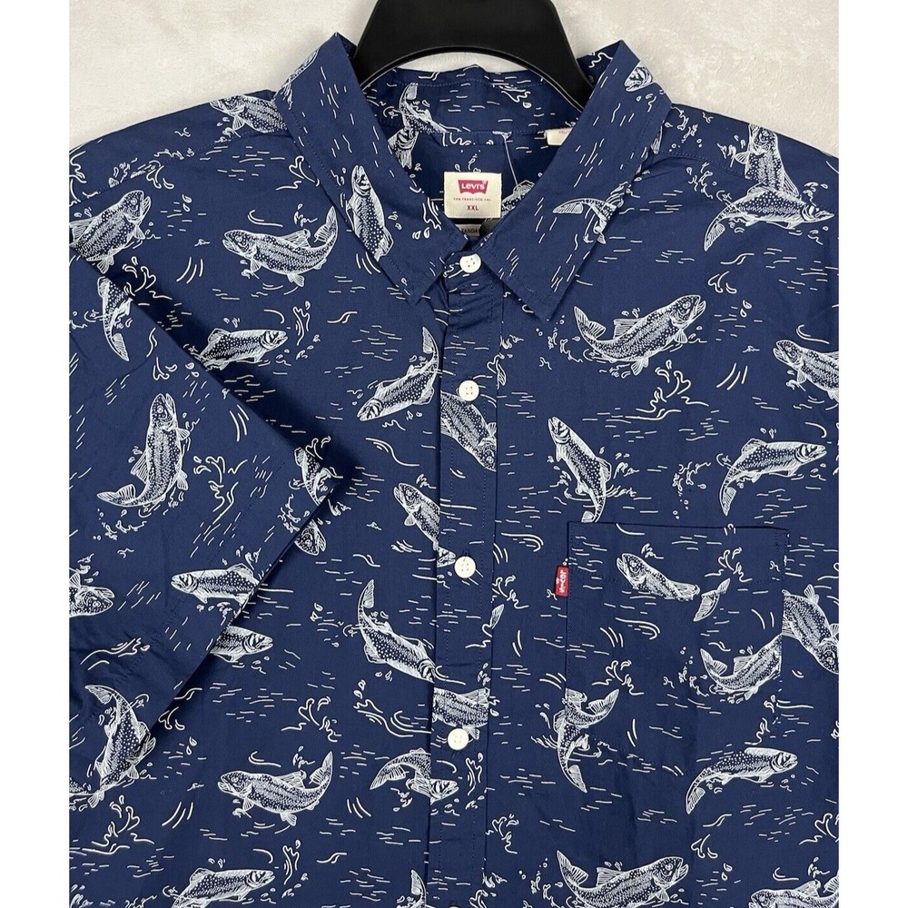 LEVI'S Shirt Men 2XL Navy Fish Print Standard Fit Short Sleeve Pocket Preppy